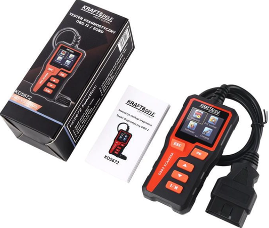 OBD II/EOBD diagnostinis testeris su pakuote, ekranu ir oranžiniais mygtukais