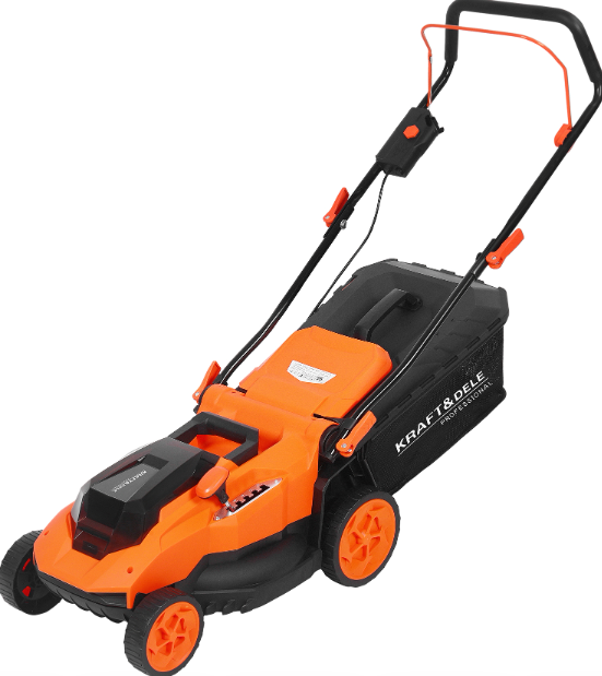 Akumuliatorinė vejapjovė su 430 mm pjovimo pločiu, oranžine ir juoda, su rankena