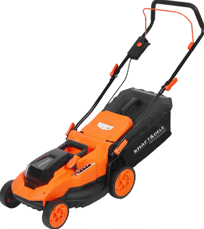 Akumuliatorinė vejapjovė su 430 mm pjovimo pločiu, oranžine ir juoda, su rankena