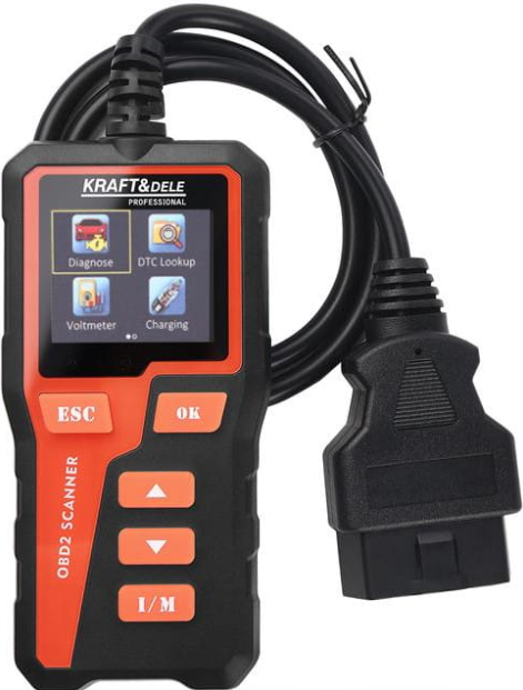 OBD II/EOBD diagnostinis testeris, juodas ir oranžinis, su laidu ir OBD jungtimi
