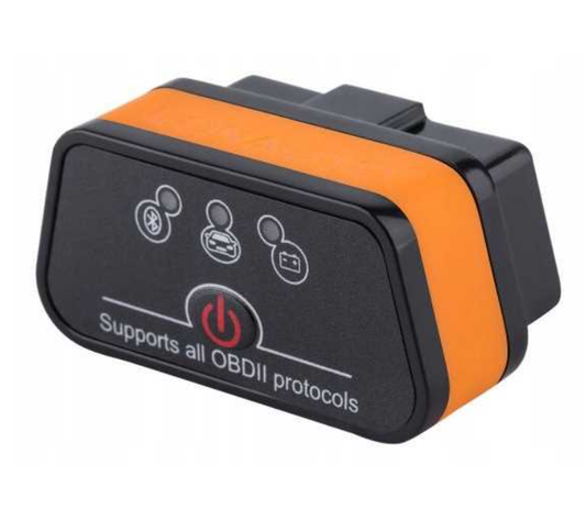 OBD II diagnostinis skaitytuvas su Bluetooth, juodai-oranžinis, priekis su OBD protokolų ikonais