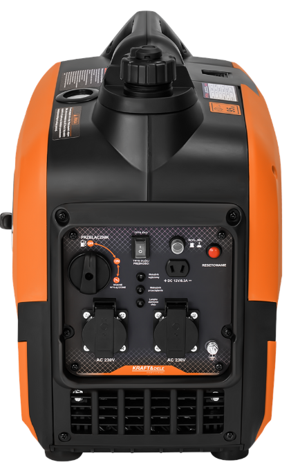 Oranžinis inverterinis generatorius KRAFT&DELE KD3155, galinis skydelis ir rankenėlės