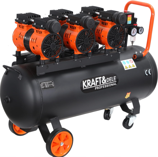 Kompresorius KRAFT&DELE Professional su juodu baku ir oranžiniais ratais, su manometru