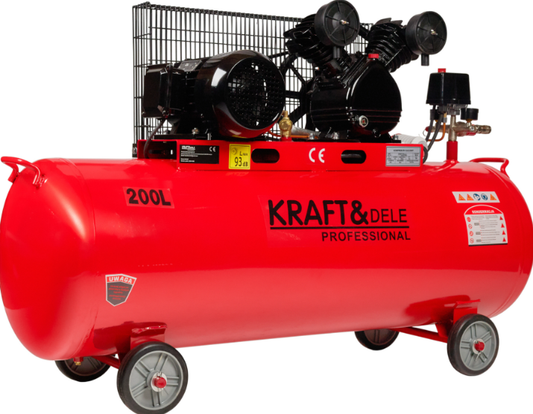 Raudonas 200 l tepalo kompresorius KRAFT&DELE su 2 cilindrais, ant ratų
