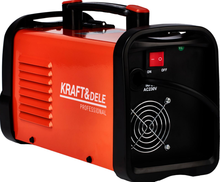Suvirinimo aparatas KRAFT&DELE MIG250 flux galinis vaizdas, oranžinis korpusas su ventiliatoriumi