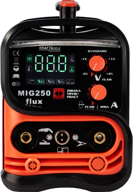 Suvirinimo aparatas KRAFT&DELE MIG250 flux, priekinis skydelis su ekranu ir reguliatoriais