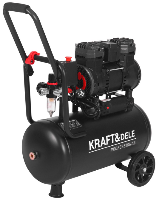 Juodas KRAFT&DELE oro kompresorius su ratukais ir 24 l baku