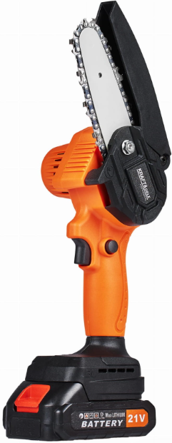 Akumuliatorinis mini grandininis pjūklas su ilga pjovimo juosta ir oranžine rankena