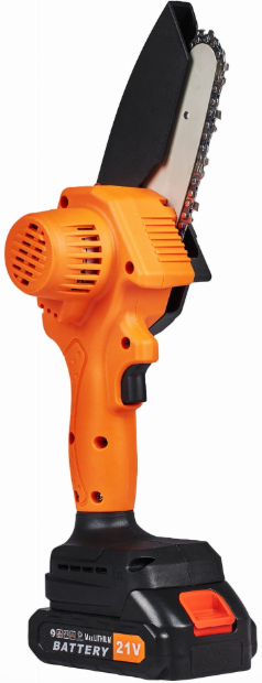 Oranžinis–juodas akumuliatorinis grandininis mini pjūklas su 21 V baterija