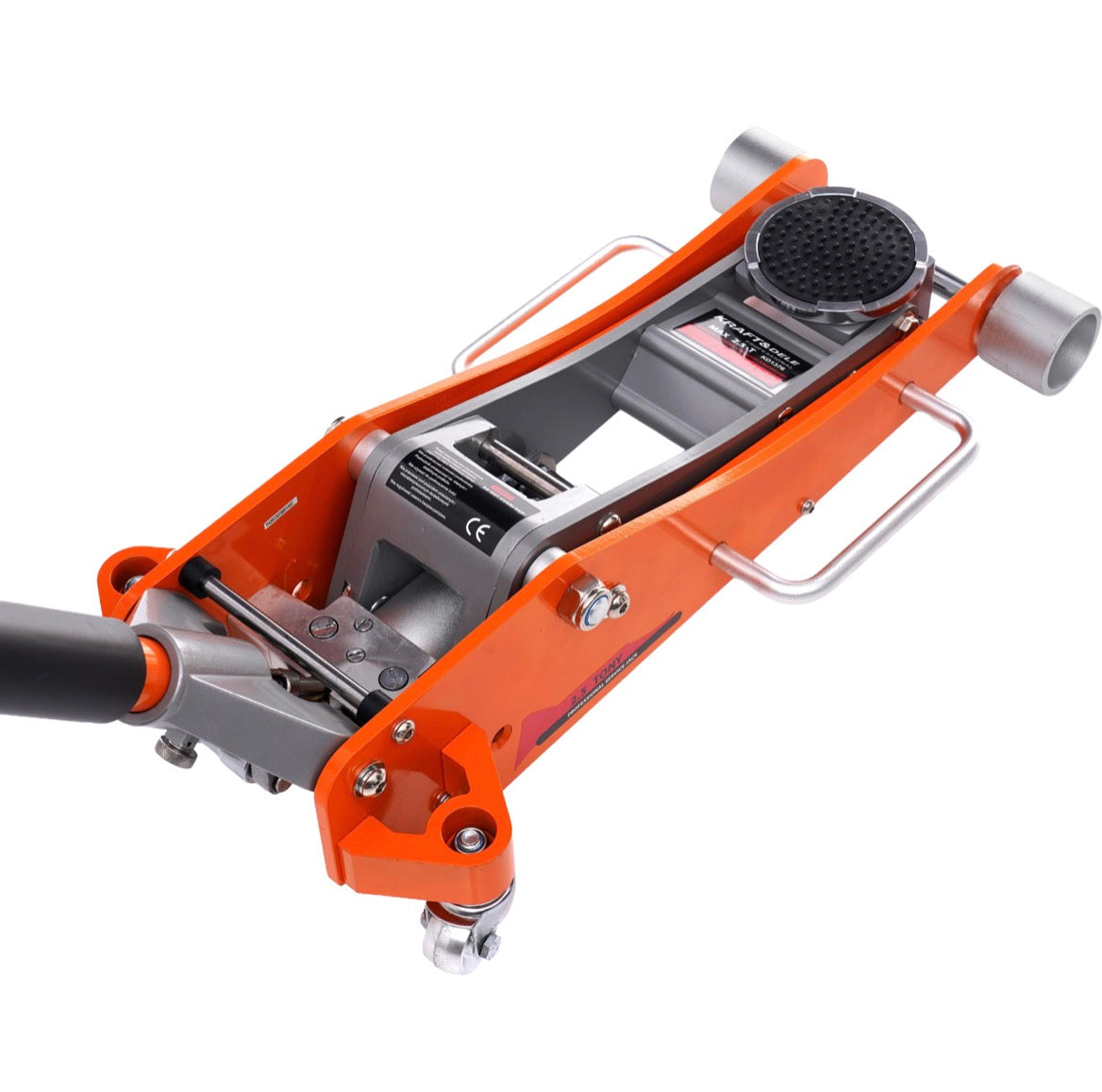 Domkratas su integruotu mechanizmu, oranžiniu korpusu ir metalinėmis rankenomis