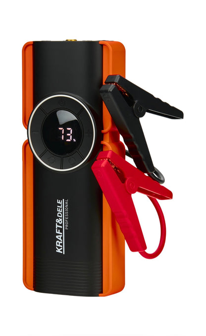 Daugiafunkcinis Jump Starter KRAFT&DELE: juodai oranžinis korpusas su laidais ir spaustukais