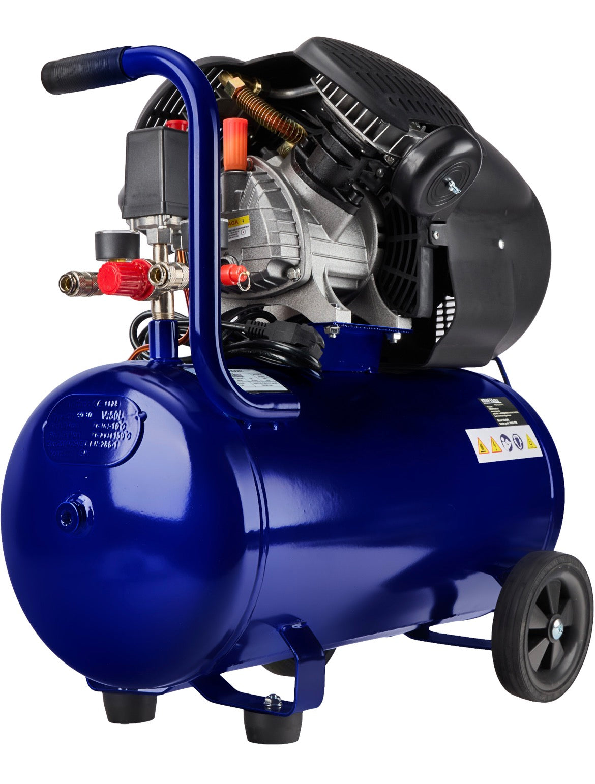 Mėlynas oro kompresorius su juoda galvute, raudonu atbuliniu vožtuvu ir ratukais